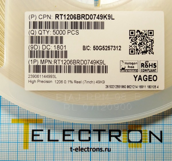 Резистор 49.9 кОм, 250 мВт, 0.1%, SMD 1206, RT1206BRD0749K9L 