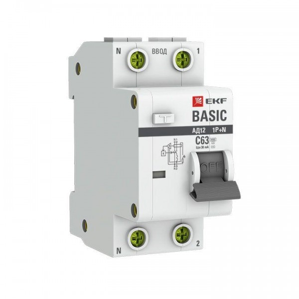  Выключатель автоматический дифференциального тока 1п+N С 10А 30мА тип АС эл. 4.5кА АД-12 Basic EKF DA12-10-30-bas 