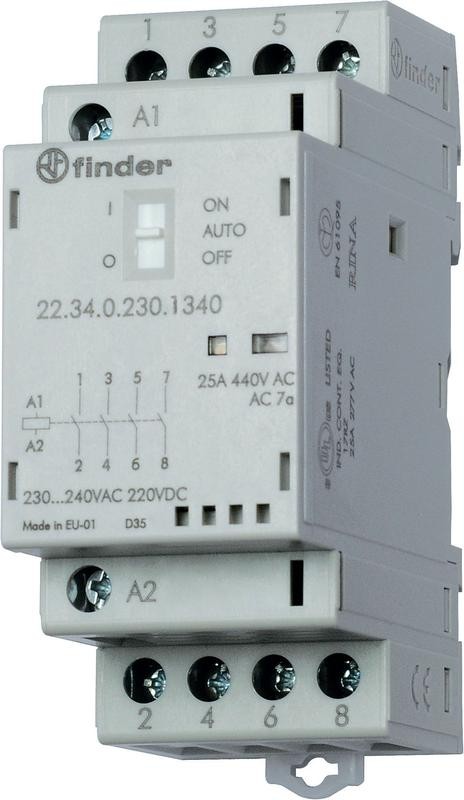  Контактор модульный 3NO+1NC 25А AgSnO2 12В AC/DC 35мм IP20 опции: переключатель Авто-Вкл-Выкл + мех.индикатор + LED FINDER 223400124740PAS 
