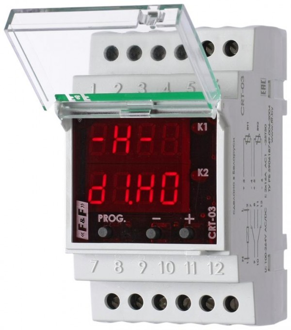  Регулятор температуры CRT-03 (2-канал.; диапазон температур от -10 до +250град.C;многофункциональный; цифровая индикация; выносные датчики с термоустойчивым проводом в комплекте ; 3 модуля; монтаж на DIN-рейке) F&F EA07.001.016 