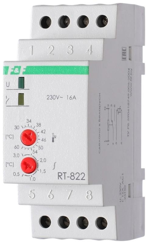  Регулятор температуры RT-822 (от +30 до +60 град.C; выносной датчик; монтаж на DIN-рейке 35мм 50-260В 16А 1P IP20) F&F EA07.001.005 