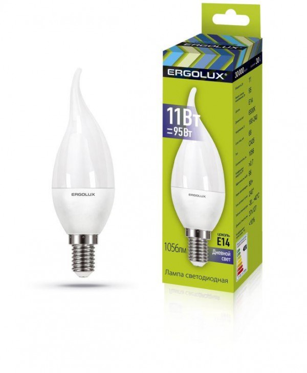  Лампа светодиодная LED-CA35-11W-E14-6K "Свеча на ветру" 11Вт E14 6500К 180-240В Ergolux 14234 