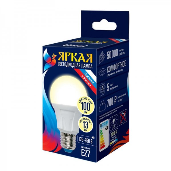  Лампа светодиодная LED-A60 13W/3000K/E27/FR PLP01WH Яркая мат. картон Uniel UL-00005030 