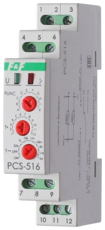  Реле времени PCS-516 (многофункц. (вход: START/RESET) 230В 8А 1перекл. IP20 монтаж на DIN-рейке)(аналог РВО-1М) F&F EA02.001.013 