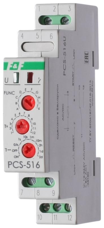  Реле времени PCS-516U (многофункц. (вход: START/RESET) 12-264В AC/DC 8А 1перекл. IP20 монтаж на DIN-рейке) F&F EA02.001.014 
