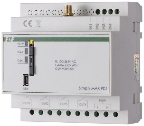  Реле дистанц. управления SIMply MAX P04 (встроенный GSM-коммуникатор; 4 входа и 4 выхода.; реле для дистанц.контрол. сост. и управл. удален. объект. с помощью SMS; 4 модуля; монтаж на DIN-рейке) F&F EA15.001.004 