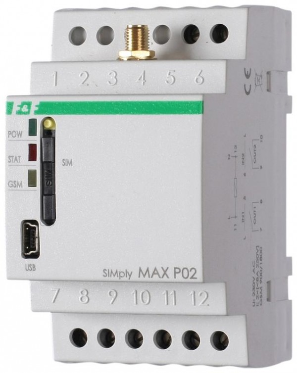  Реле дистанц. управления SIMply MAX Р02 (встроенный GSM-коммуникатор; 2 вх. и 2 вых.; mini-USB; реле для дист. открытия въездных ворот; шлагбаумов с помощью вызова с телефона (функция CLIP); 3 модуля; монтаж на DIN-рейке) F&F EA15.001.002 