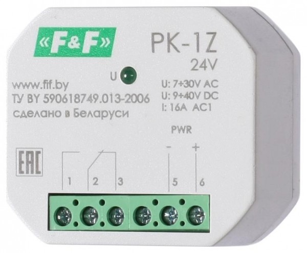  Реле промежуточное PK-1Z/24 (7-30 АС 9-40 DC 16А для установки в монтажную коробку d60мм 1NO/NC IP20) F&F EA06.001.046 
