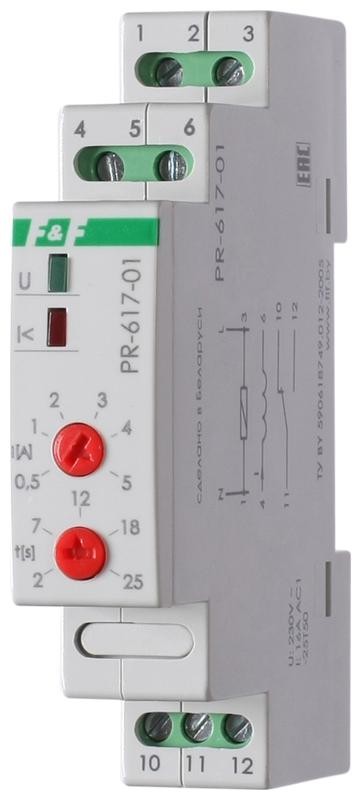  Реле тока PR-617-01 (диапазон 0.5-5А; с задержкой отключения; монтаж на DIN-рейке 35мм 230В 16А 1Z IP20) F&F EA05.001.002 