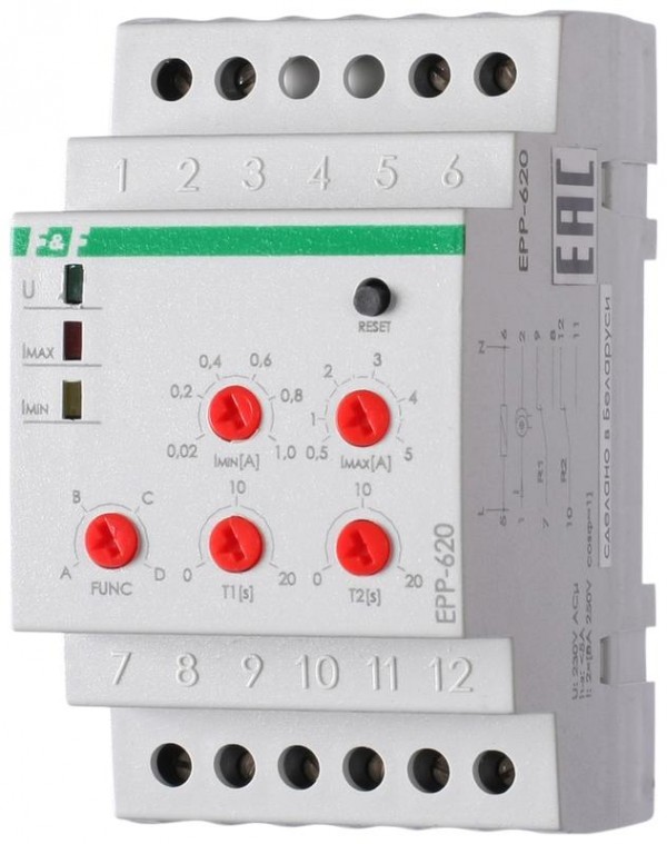  Реле тока EPP-620 (многофункциональное; двухпороговое (0.02-1А 0.5-5A); монтаж на DIN-рейке 35мм; 3 модуля; 230В AC 2х16А 2х1P IP20) F&F EA03.004.006 
