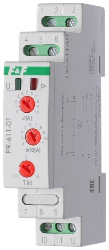  Реле тока РR-611-01 (исп.1 (20-110А); с задержкой отключения; монтаж на DIN-рейке 35мм 230В 10А IP20) F&F EA03.004.003 