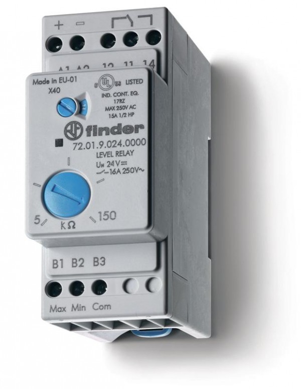  Реле контроля уровня настраиваемый диапазон чувствительности 5…150кОм 400В AC выход 1CO 16А модульное 35мм IP20 FINDER 720184000000 