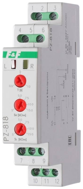  Реле уровня жидкости PZ-818 (двухуровн.; выбор режима работы; раздел. регулир. задержки переключ. по уровням; 1 модуль; датчик в комплекте PZ2 (3шт); монтаж на DIN-рейке) F&F EA08.001.008 
