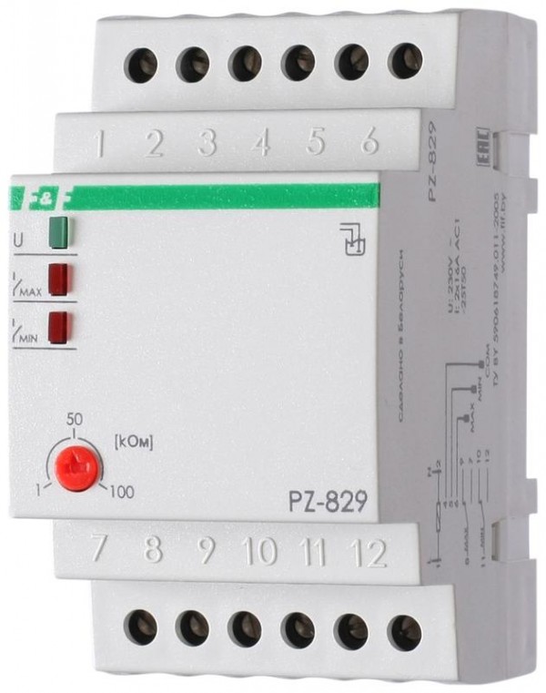  Реле уровня жидкости PZ-829 (без датчиков; двухуровн.; 3 модуля; монтаж на DIN-рейке) F&F EA08.001.007 