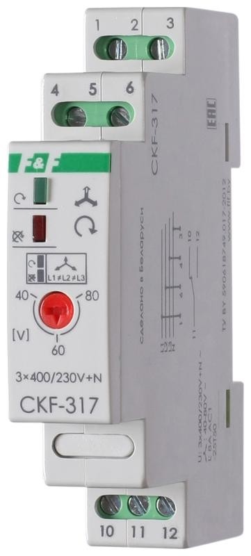  Реле контроля наличия и чередования фаз CKF-317 (монтаж на DIN-рейке 35мм; регулировка порога отключения; 3х400/230+N 8А 1P IP20) F&F EA04.002.006 