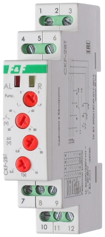  Реле контроля наличия фаз и состояния контактора CKF-2BT (контроль чередования; слипания фаз; регулировка задержки отключ. и порога асимметрии; контроль нижн. и верх. порогов напряжения; 1 модуль; монтаж на DIN-рейке) F&F EA04.003.005 