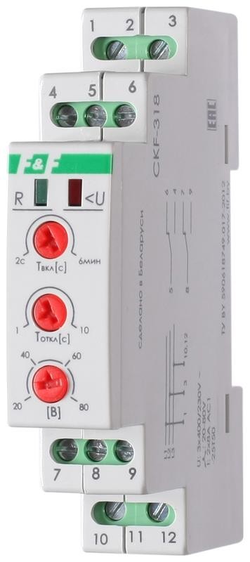 Реле контроля фаз для сетей с изолированной нейтралью CKF-318 (монтаж на DIN-рейке 35мм; регулировка порога отключения; контроль чередования фаз; 3х400В 8А 2P IP20) F&F EA04.004.007 