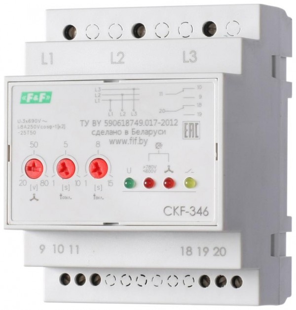  Реле контроля фаз для сетей с изолированной нейтралью CKF-346 (монтаж на DIN-рейке 35мм; регулировка порога отключения; контроль чередования фаз; 3х680В 2х8А 1х2P IP20) F&F EA04.004.002 