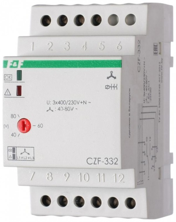  Реле контроля наличия фаз CZF-332 (монтаж на DIN-рейке 35мм; регулировка порога отключения; 3х400/230+N 8А 1P IP20) F&F EA04.003.004 