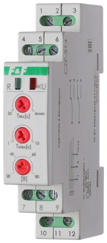  Реле контроля и наличия фаз CZF-314 (монтаж на DIN-рейке 35мм; регулировка порога отключения; 3х400В 50Гц 2А IP20) F&F EA04.004.008 
