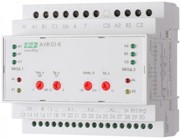  Устройство управления резервным питанием AVR-01-K (2 ввода; 1 нагрузка 35мм 3х400В+N 2х16А 2P IP20 монтаж на DIN-рейке) F&F EA04.006.001 