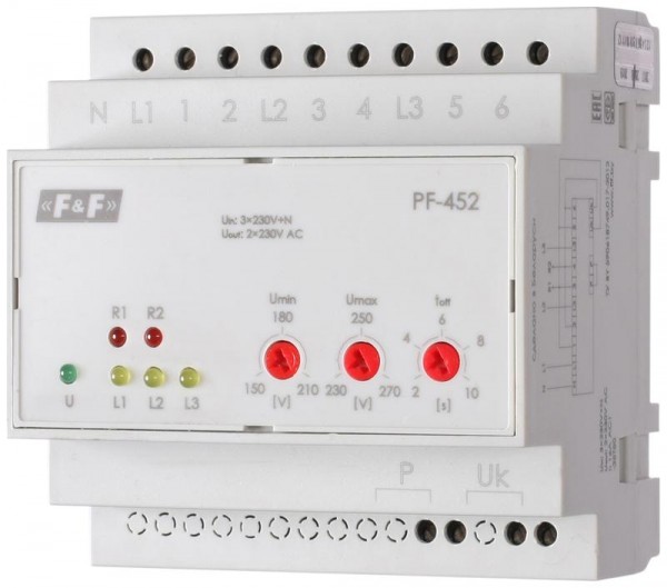  Переключатель фаз PF-452 (два выхода для питания нагрузки; с регулируемыми верхними (230-260) и нижними (150-210) значениями напряжения переключения; монтаж на DIN-рейке 35мм 3х400/230+N 6х16A IP20) F&F EA04.005.004 