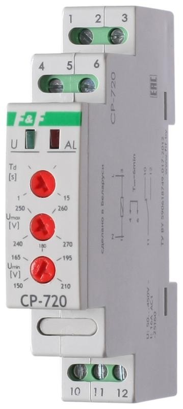  Реле напряжения CP-720 (однофазный; контроль верхнего и нижнего значений напряжения; 150-450В AC 16А 1NO/NC IP20) F&F EA04.009.002 