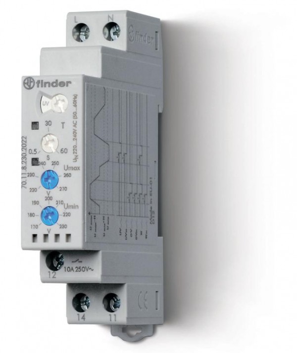  Реле контрольное для 1-фазных сетей пониженное/повышенное напряжение выход 1CO 10А модульное 17.5мм IP20 FINDER 701182302022PAS 