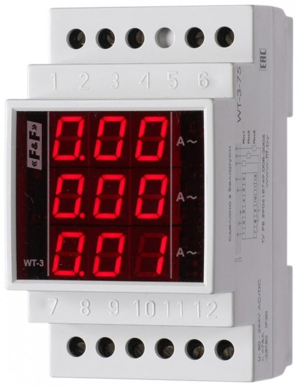 Указатель тока WT-3 (трехфазный; 0-20А; цифровая индикация; монтаж на DIN-рейке 35мм 50-264В AC/DC IP20) F&F EA04.008.006 