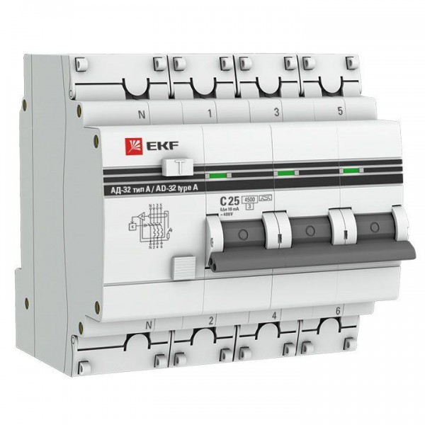  Выключатель автоматический дифференциального тока 3п+N C 63А 30мА тип AC 4.5кА АД-32 PROxima EKF DA32-63-30-4P-pro 
