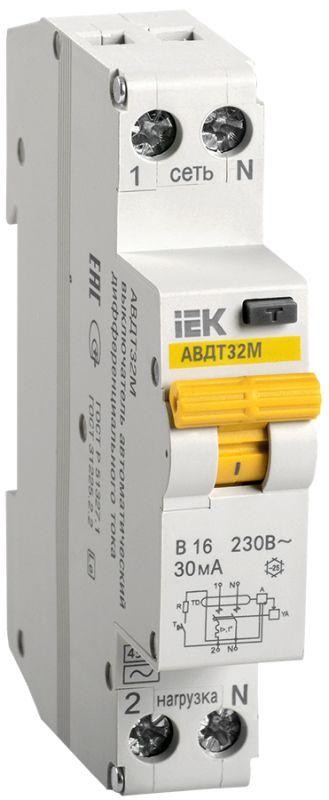  Выключатель автоматический дифференциального тока 2п (1P+N) B 16А 30мА тип A 4.5кА АВДТ-32М ИЭК MAD32-5-016-B-30 