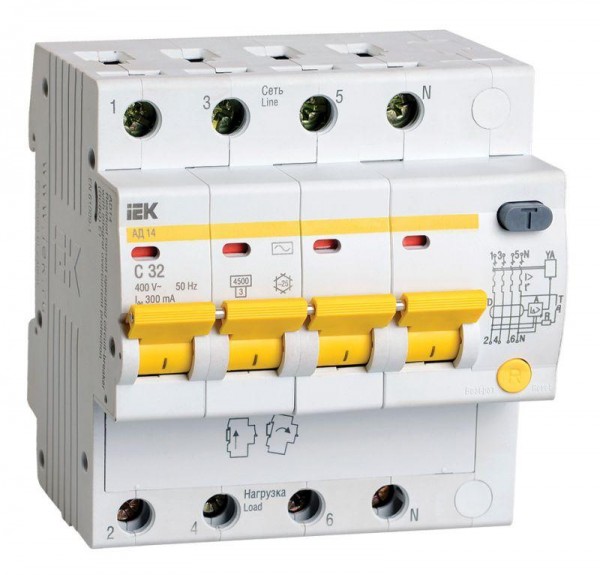  Выключатель автоматический дифференциального тока 4п C 32А 300мА тип AC 4.5кА АД-14 ИЭК MAD10-4-032-C-300 
