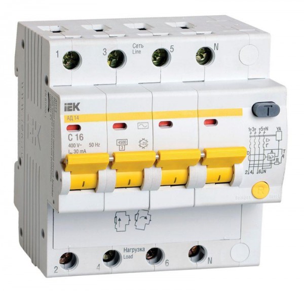  Выключатель автоматический дифференциального тока 4п C 16А 30мА тип AC 4.5кА АД-14 ИЭК MAD10-4-016-C-030 