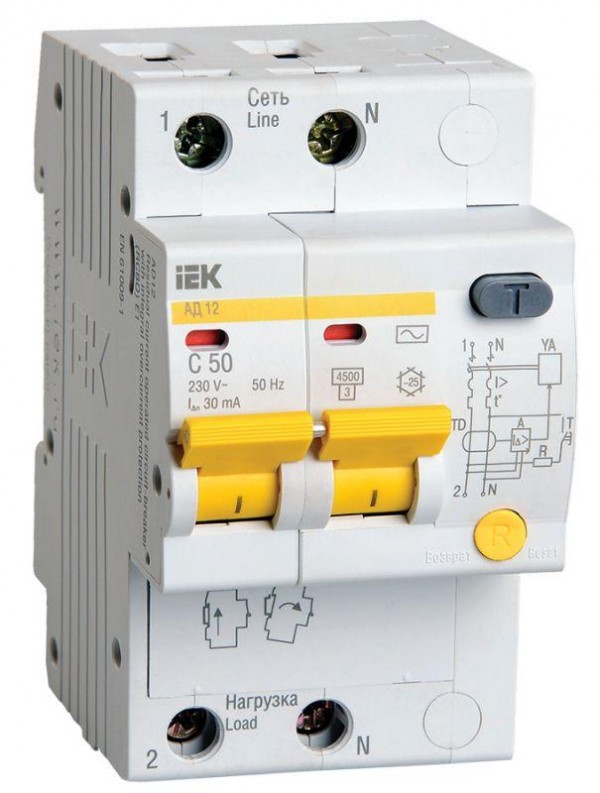  Выключатель автоматический дифференциального тока 2п C 50А 30мА тип AC 4.5кА АД-12 ИЭК MAD10-2-050-C-030 