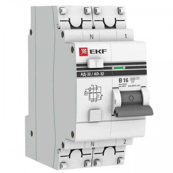  Выключатель автоматический дифференциального тока 1п+N B 16А 10мА тип AC 4.5кА АД-32 (электрон.) защита 270В PROxima EKF DA32-16-B-10-pro 