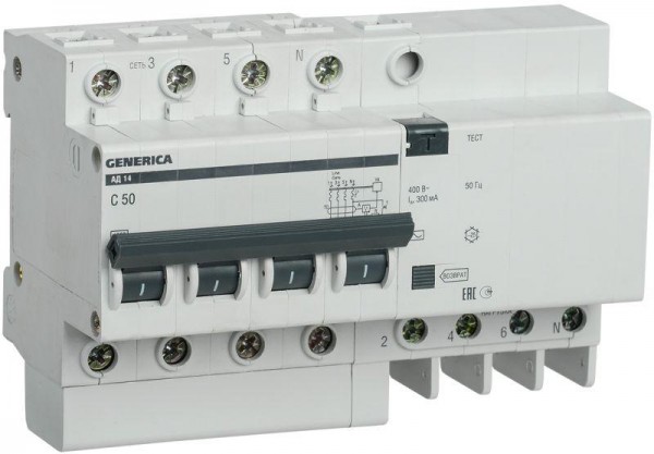 Выключатель автоматический дифференциального тока 4п 50А 300мА АД14 GENERICA ИЭК MAD15-4-050-C-300 