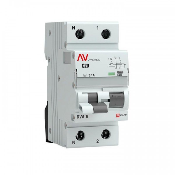  Выключатель автоматический дифференциального тока 1п+N C 20А 100мА тип A DVA-6 6кА AVERES EKF rcbo6-1pn-20C-100-a-av 