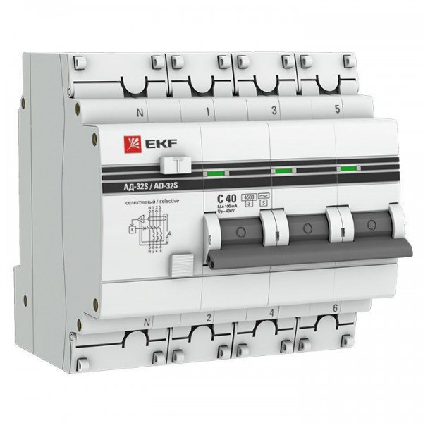  Выключатель автоматический дифференциального тока 3п+N 50А 100мА АД-32 (селективный) PROxima EKF DA32-50-100S-4P-pro 
