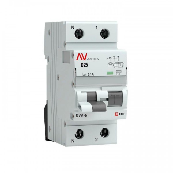  Выключатель автоматический дифференциального тока 1п+N D 25А 100мА тип AC DVA-6 6кА AVERES EKF rcbo6-1pn-25D-100-ac-av 