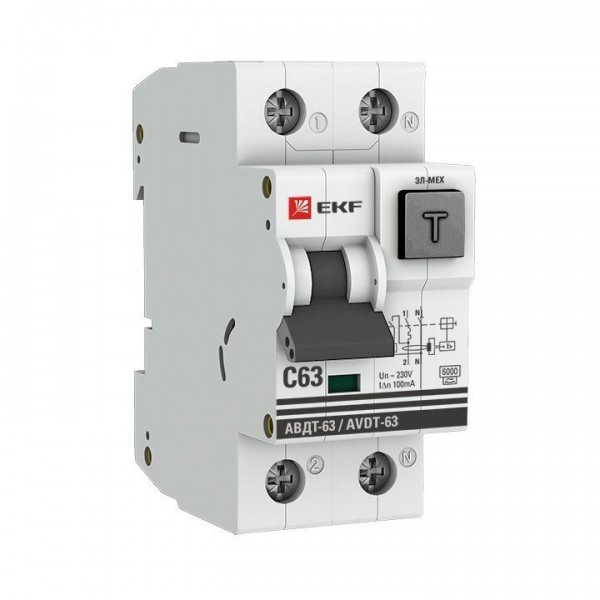  Выключатель автоматический дифференциального тока 1п+N С 63А 100мА тип А 6кА АВДТ-63 (электромех.) PROxima EKF DA63-63-100em 