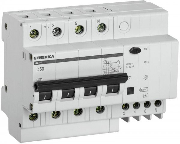  Выключатель автоматический дифференциального тока 4п 50А 30мА АД14 GENERICA ИЭК MAD15-4-050-C-030 
