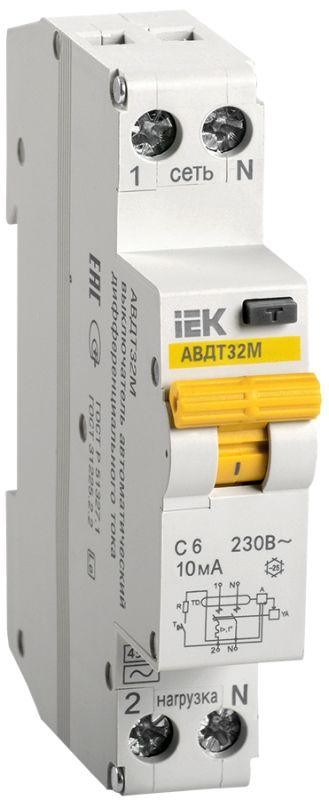  Выключатель автоматический дифференциального тока 2п (1P+N) C 6А 10мА тип A 4.5кА АВДТ-32М ИЭК MAD32-5-006-C-10 