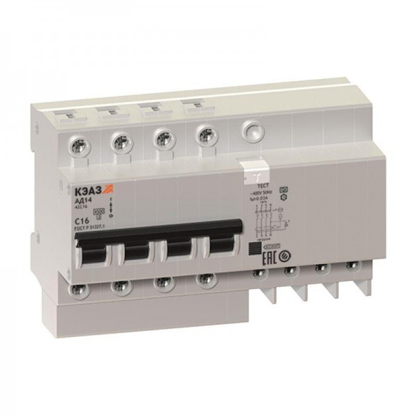  Выключатель автоматический дифференциального тока 4п C 63А 30мА тип A 4.5кА АД14-42 УХЛ4 КЭАЗ 141611 