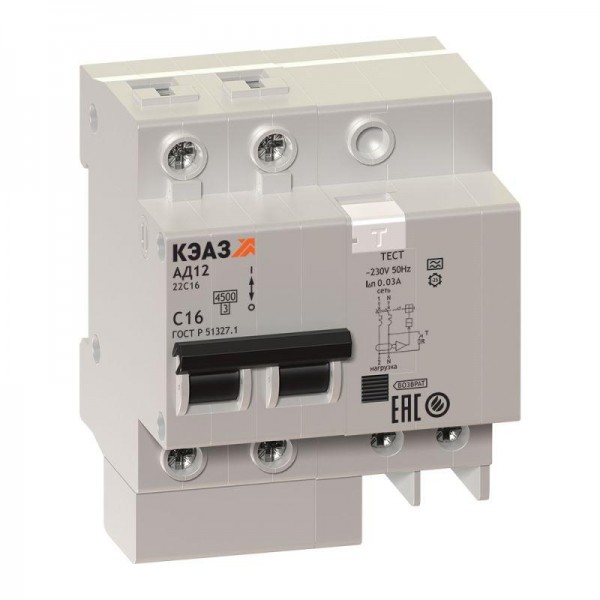  Выключатель автоматический дифференциального тока 2п C 63А 300мА тип A 4.5кА АД12-24 УХЛ4 КЭАЗ 141603 