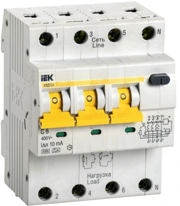  Выключатель автоматический дифференциального тока 4п C 6А 10мА тип A 6кА АВДТ-34 ИЭК MAD22-6-006-C-10 