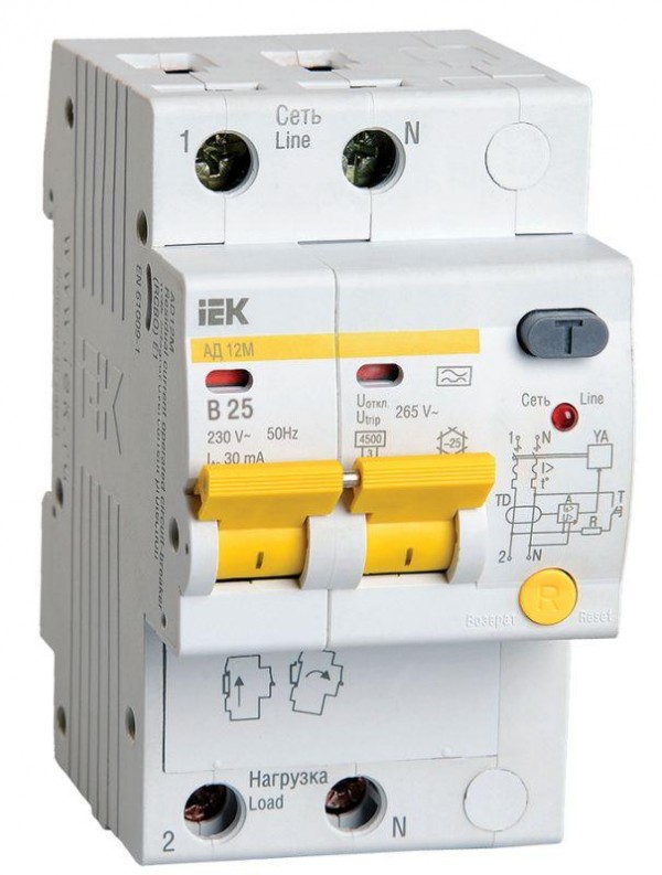  Выключатель автоматический дифференциального тока 2п B 25А 30мА тип A 4.5кА АД-12М ИЭК MAD12-2-025-B-030 