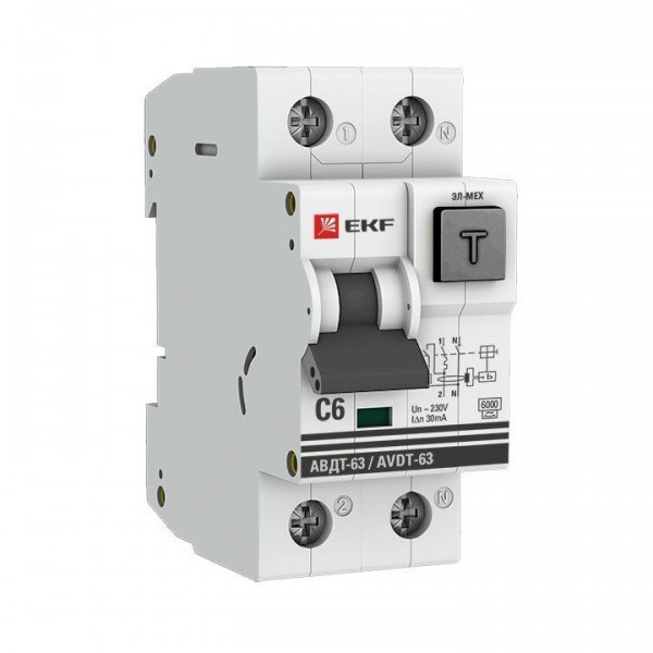 Выключатель автоматический дифференциального тока 1п+N 2мод. C 6А 30мА тип A 6кА АВДТ-63 (электромех.) PROxima EKF DA63-6-30 