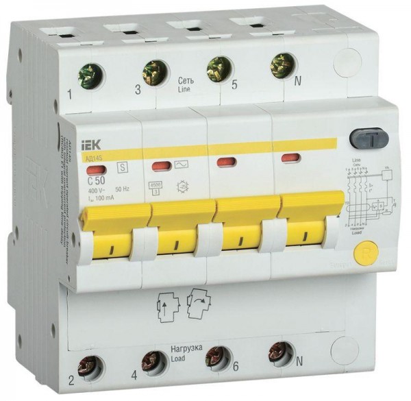  Выключатель автоматический дифференциального тока селективный 4п 50А 100мА тип AC АД14S ИЭК MAD13-4-050-C-100 