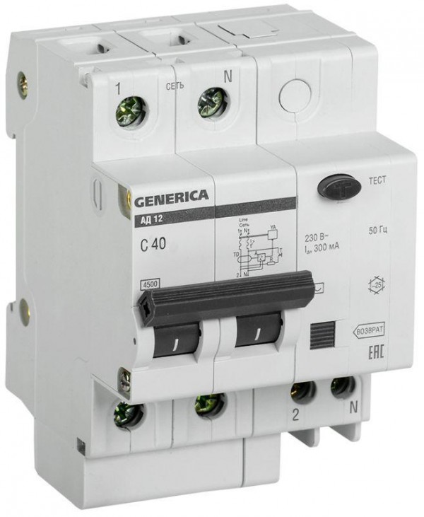  Выключатель автоматический дифференциального тока 2п 40А 300мА АД12 GENERICA ИЭК MAD15-2-040-C-300 