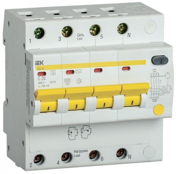  Выключатель автоматический дифференциального тока селективный 4п 20А 100мА тип AC АД14S IEK MAD13-4-020-C-100 